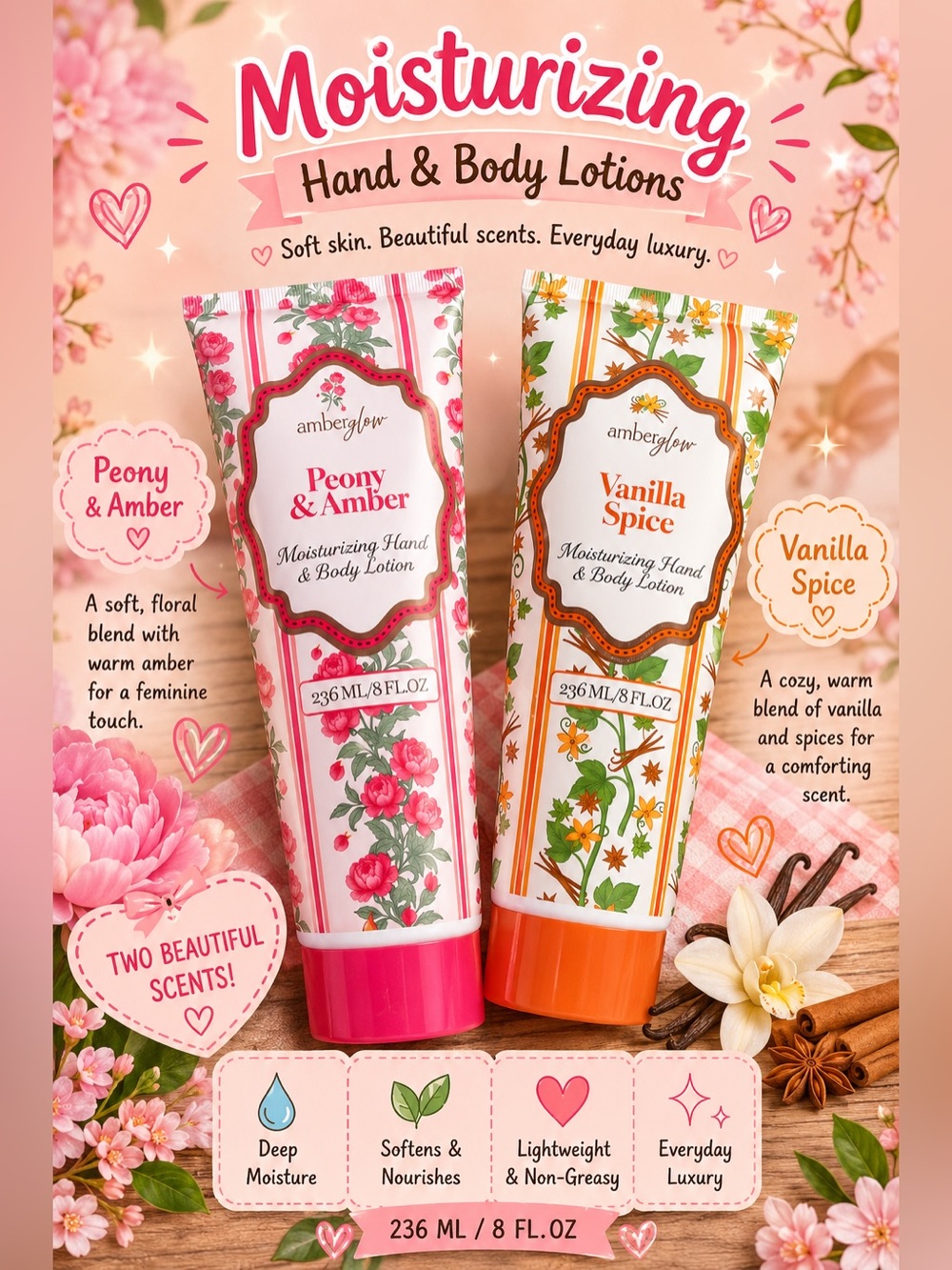 Peony Amber & Vanilla spice Moisturizing Hand & Body Lotion Set